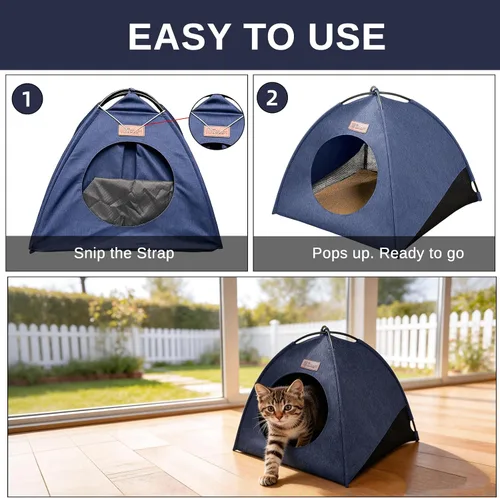 Miniatura 7 de Tienda de campaña piramidal desplegable para gatos y gatos pequeños de hasta 6.6 libras, resistente al agua, transpirable, plegable, con cojín