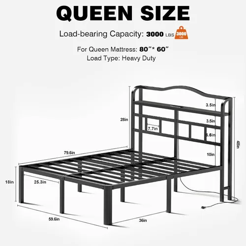 Miniatura 2 de Base de cama Queen con cabecera y estación de carga, base de cama de metal de 18 pulgadas de alto, base de colchón resistente con gran espacio de 46