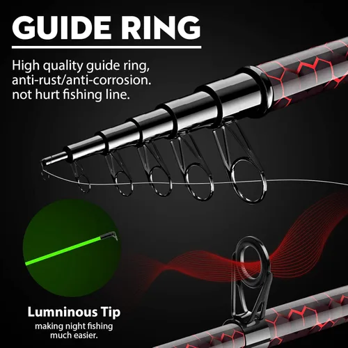 Miniatura 5 de Combos de caña de pescar y carrete, diseño único con pintura X-Warping, caña de pescar telescópica de fibra de carbono con carrete combinado con Rojo
