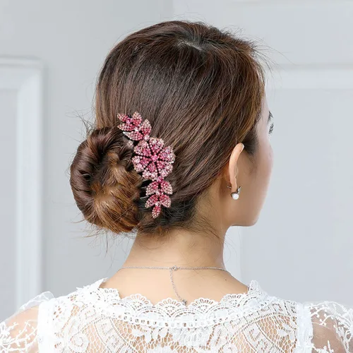 Miniatura 3 de 4 piezas coloridas de lujo brillante hoja flor diamantes de imitación negro lado de plástico francés peines de pelo largo diapositivas pasadores