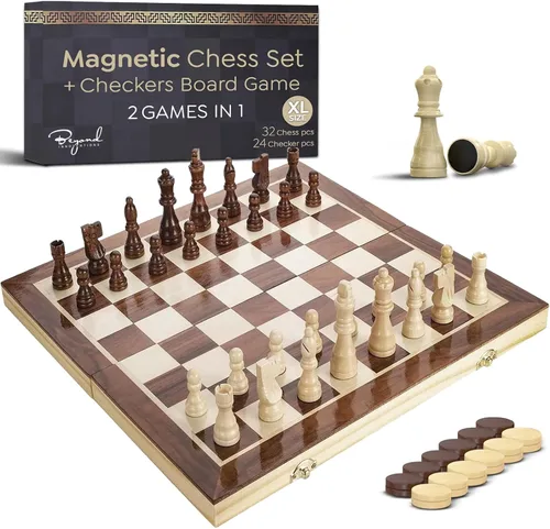 Miniatura 8 de Juego de ajedrez magnético de madera y juego de mesa de damas, tablero de ajedrez plegable de 15 pulgadas Juego de mesa 2 en 1 de madera maciza