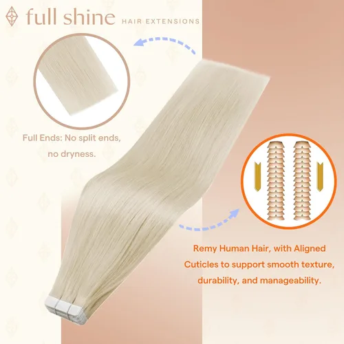 Miniatura 2 de Full Shine - Extensiones adhesivas de cabello humano de 20 pulgadas, extensiones de cabello con cinta invisible, color 1000 rubio hielo, sin
