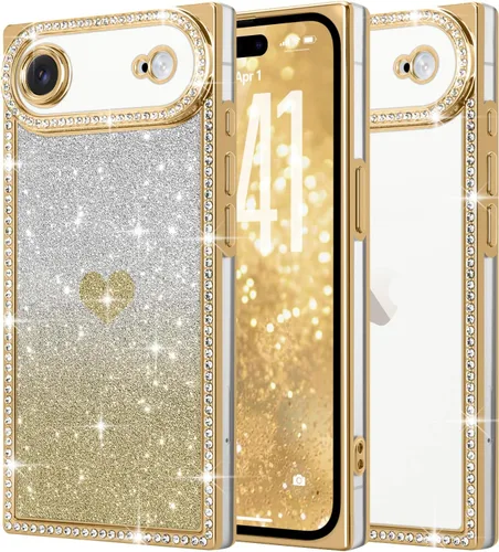Miniatura 61 de Funda para iPhone 13, funda de diamantes de imitación de lujo con patrón de corazón de amor de cristal [papel con purpurina extraíble], parachoques