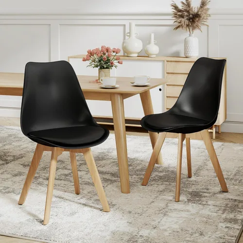 NOBPEINT Juego de 2 sillas de comedor modernas de mediados de siglo, sillas tapizadas de piel sintética con respaldo curvo, silla de cocina de negro