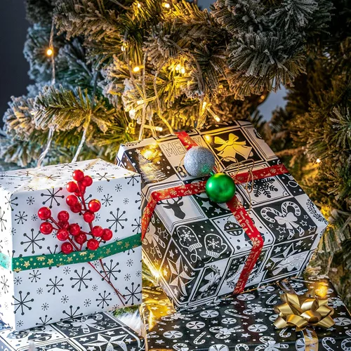 Miniatura 2 de LeZakaa Mini rollo de papel de regalo de Navidad, diseño de campana y árbol/bastones de caramelo/copos de nieve, blanco y negro, para envolver