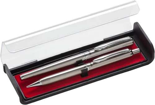 Juego de bolígrafo y lápiz de la marca Pentel en caja de regalo. Punta del bolígrafo de 0.02" y punta del lápiz de 0.03" , Plateado