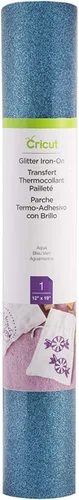 Cricut Vinilo termotransferible HTV con purpurina, color aguamarina (rollo de 12 x 19 pulgadas), compatible con prensas de calor Cricut y Maker +