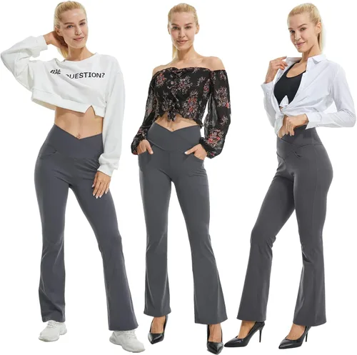 Miniatura 4 de FireSwan Leggings acampanados cruzados para mujer con bolsillos, corte de bota, cintura alta, pantalones de yoga con control de abdomen, pantalones
