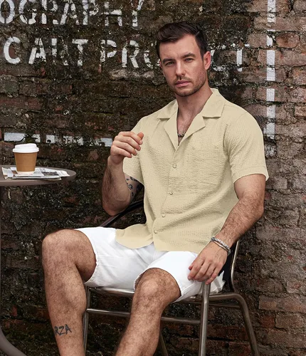 Miniatura 3 de VATPAVE Camisa de verano a rayas para hombre, casual, con botones, de manga corta, camisas de playa de algodón para hombres