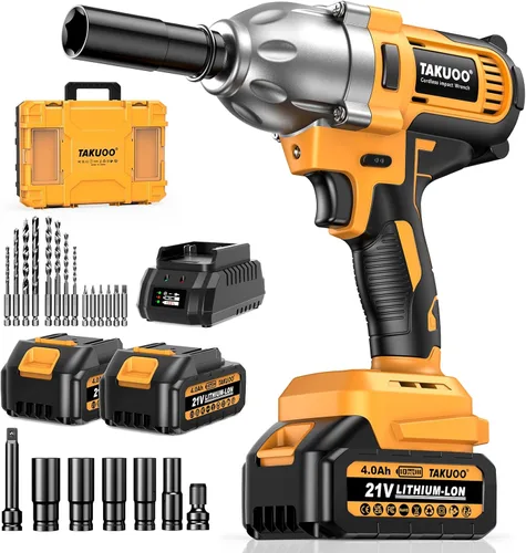 Takuoo - Llave de impacto inalámbrica de 1/2 pulgada, pistola de impacto sin escobillas de 1200N.m (900ft-lbs) de alto par, 3300RPM con 2 baterías
