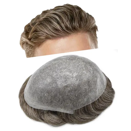 Miniatura 19 de Tupé de piel ultra fina para hombres pieza de cabello humano real sistema de reemplazo 0.002 in Mens Toupee Hairpiece para hombres V-Loop 8x10 80%