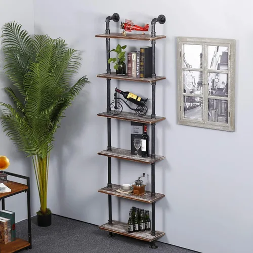 Miniatura 4 de Estantes industriales de tubería rústica y moderna estantería de escalera de madera de 24 pulgadas de ancho con marco de metal, estante de pared