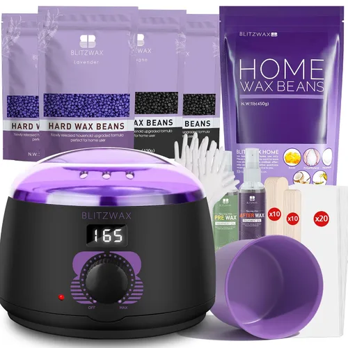 BLITZWAX Kit de depilación brasileña y bikini con cuentas de cera de lavanda de 1 libra, calentador de cera dura para cara, piernas y cuerpo, kit de