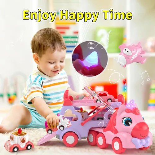Miniatura 4 de newcrave Camión transportador 7 en 1 de juguetes para niñas de 1, 2, 3 años, regalos de cumpleaños, juguetes de princesa para niños pequeños de 1 a