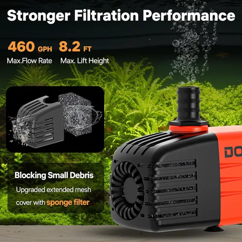 Miniatura 2 de Doko Bomba de agua sumergible, bomba de agua para acuario de 460 GPH con cubierta de malla extendida y esponja, bomba de estanque ultra silenciosa