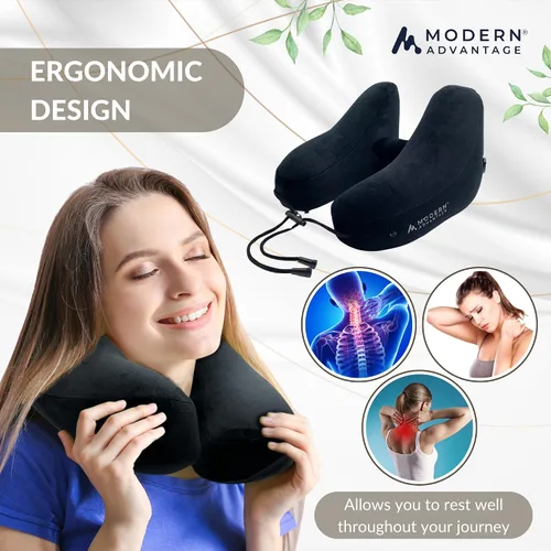 Miniatura 2 de Modern Advantage Almohada inflable de viaje para aviones con capucha cómoda, soporte ajustable para el cuello, almohada ligera y compacta para Negro