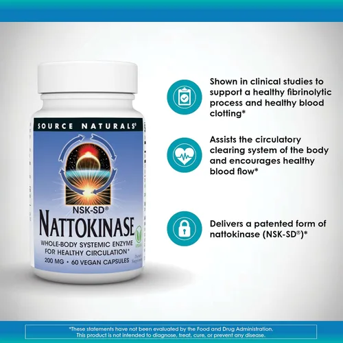 Miniatura 6 de Source Naturals NSK-SD, Nattoquinasa, Apto para vegetarianos, Enzima sistémica de todo el cuerpo para una circulación saludable*, 200 mg - 60