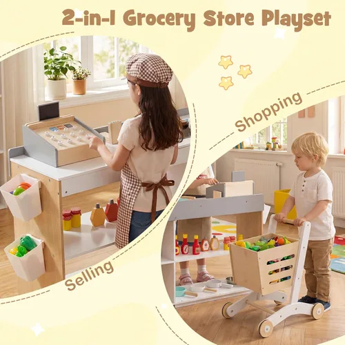 Miniatura 3 de HONEY JOY Juego de Tienda de Comestibles para Niños, Tienda de Comestibles de Madera de Juego de Simulación con Carrito, Soporte de Caja