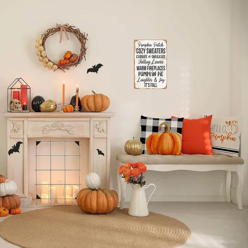 Miniatura 3 de Ylens Letrero de metal con aspecto vintage, 8 x 12 pulgadas, diseño de calabaza, suéteres acogedores con hojas que caen