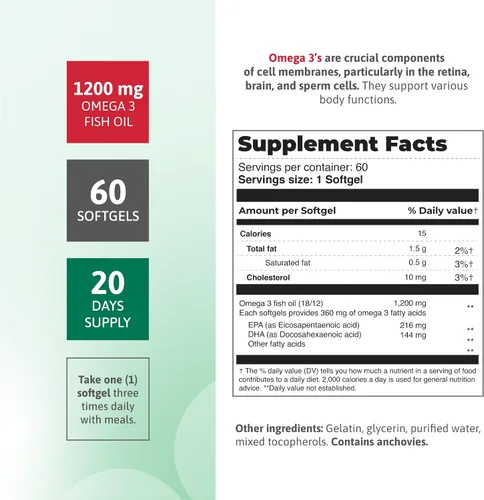 Miniatura 2 de Aceite de pescado 1200 mg – 360 mg de ácidos grasos omega-3 – Apoya la salud del corazón, la salud circulatoria y la función cognitiva, suplemento