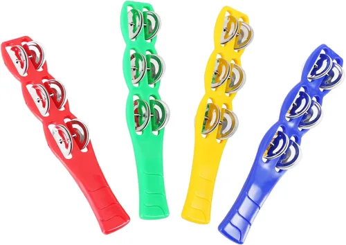 EASTROCK Palillo de cascabel de plástico Jingle Bells Latin Percusión Instrumento Musical Pandereta Stick (rojo, verde, amarillo y azul) 4 unidades