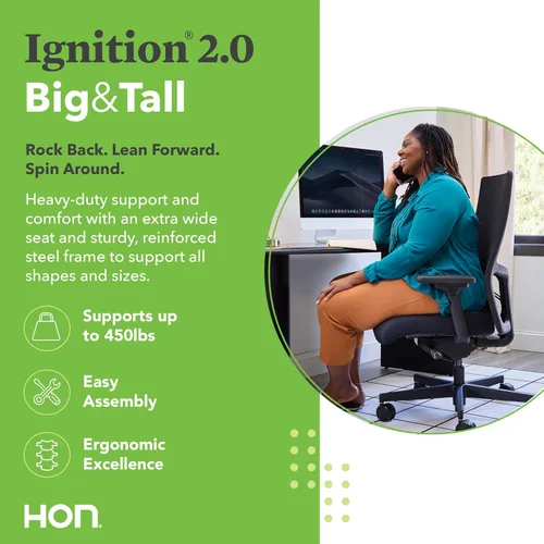 Miniatura 4 de HON Ignition 2.0 Silla de oficina ergonómica grande y alta, capacidad de 450 libras, silla de escritorio extra ancha con respaldo alto con brazos