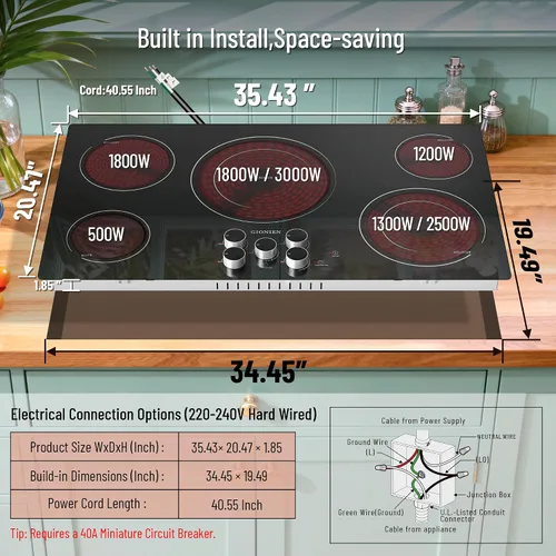 Miniatura 4 de Estufa eléctrica de 36 pulgadas y 240 V, estufa eléctrica incorporada, 5 quemadores, perilla y control táctil, 9 niveles de potencia, calentador
