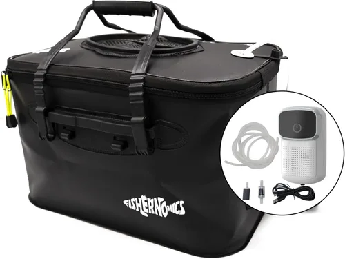 Fishernomics Cubo de pesca plegable con bomba de aire, cubo de cebo vivo con aireador (6 galones/10 galones), a prueba de fugas con bolsillo lateral