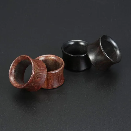 Miniatura 5 de 2 pares de dilatadores de oreja de madera orgánica marrón de doble acampanado 0G-1116
