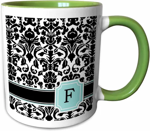Miniatura 11 de 3dRose Letter F personal monogrammed mint blue black and white damask pattern - classy personalized initial 11oz Two-Tone Blue Mug
