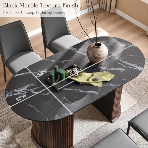 Miniatura 4 de T4TREAM Mesa de comedor ovalada acanalada de 63 pulgadas para 4-6, mesa de cocina moderna de mediados de siglo con borde grueso y base