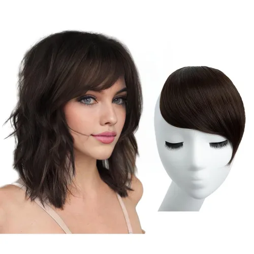 Miniatura 12 de SARLA Flequillo lateral negro marrón con clip en piezas de cabello sintético, extensión de flequillo recto para mujeres