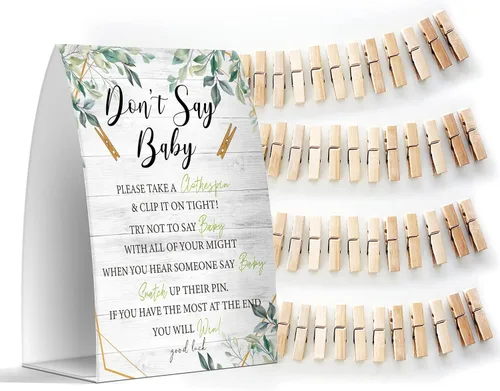 Miniatura 9 de Juego de texto en inglés "Don't Say Baby", un letrero de 5 x 7 pulgadas y 50 mini pinzas para la ropa, juegos de baby shower, decoración de baby
