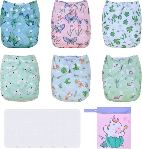 Miniatura 27 de TDIAPERS Pañales de tela reutilizables, lavables, de bolsillo, talla única, ajustable para pañales de tela a presión, paquete de 6 con 6 insertos