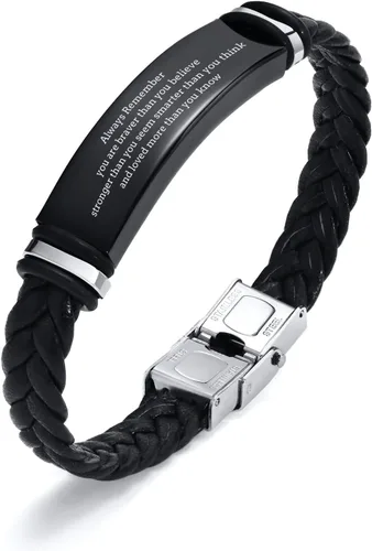 Miniatura 17 de Pulsera de cuero para hombre, regalo de sobriedad para hombre: cita inspiradora/versículo bíblico grabado, pulsera trenzada negra para hombre