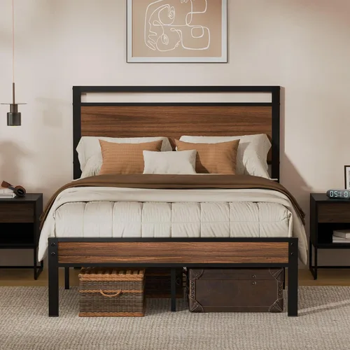 Miniatura 14 de Z-hom Cama de plataforma de metal resistente de fácil montaje, marco de cama tamaño Queen con cabecero y estribo, soporte antideslizante y Marrón