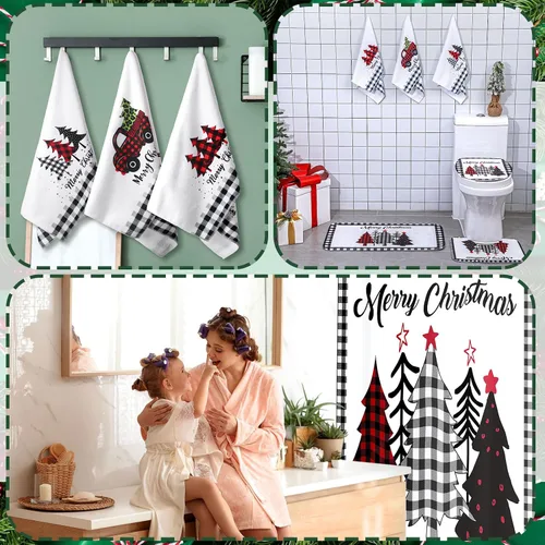 Miniatura 5 de Newwiee Juego de 7 Piezas para Baño de Navidad Decoración de Cortina de Ducha Xmas Cortina de Ducha Alfombras Antideslizantes y Toallas de Cocina 3