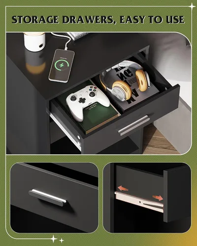 Miniatura 5 de WLIVE Juego de 2 mesitas de noche con estación de carga, juegos de mesa de noche de madera con 2 cajones y estante abierto, mesas auxiliares de cama