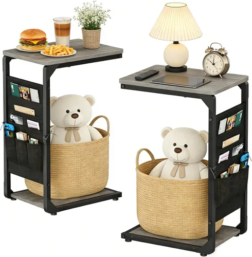 Miniatura 13 de Bandejas de TV con pedestal de madera para comer en mesas de sofá que se deslizan por debajo, mesa auxiliar en forma de C, mesa auxiliar para sofá