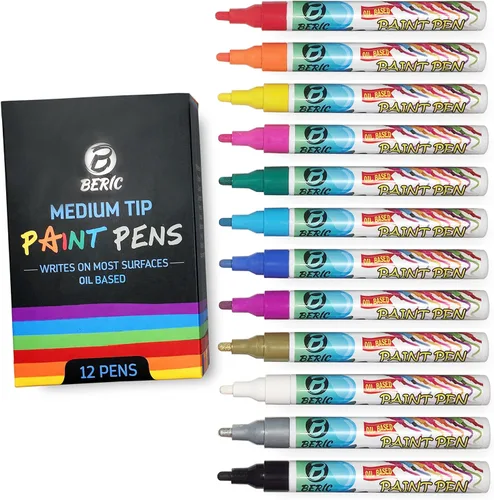 Beric - Paquete de 12 bolígrafos de pintura prémium a base de aceite, punta media, escribe en casi cualquier cosa, colores vibrantes resistentes al