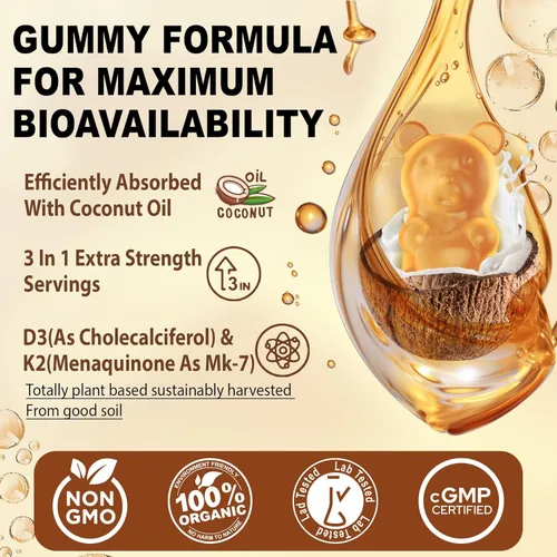 Miniatura 6 de Vitamina D3 5000 UI y K2 (como MK7) 200 mcg Gomitas + 600 mg de Calcio, con Aceite de Coco para Alta Absorción, Suplemento de Vitamina D3 K2