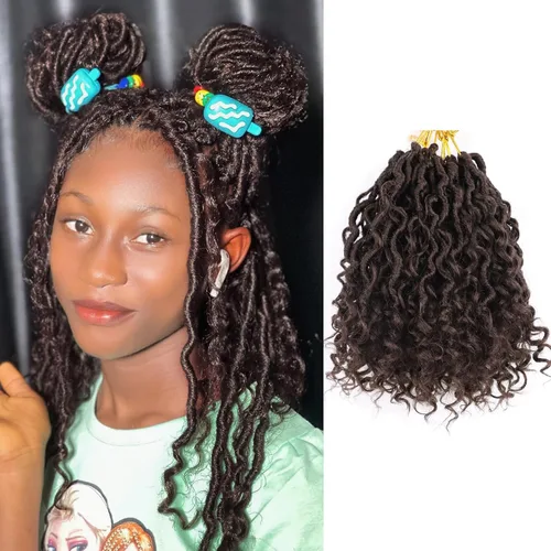 Miniatura 66 de Cabello de Crochet de 8 Pulgadas para Mujeres Negras, 7 Paquetes de Cabello de Crochet Goddess Locs con Puntas Rizadas, Locs Falsos Cortos con Bucle