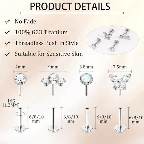 Miniatura 5 de NICEIGHT 4 aretes de titanio G23 de 16G sin rosca para labret Monroe, aretes hipoalergénicos para cartílago para orejas sensibles, espalda plana