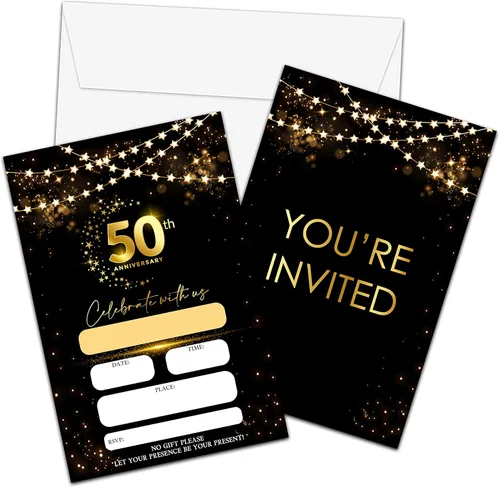Tarjetas de invitaciones de 50 aniversario, invitaciones de aniversario de boda con purpurina negra y dorada con sobres, tarjetas de invitaciones