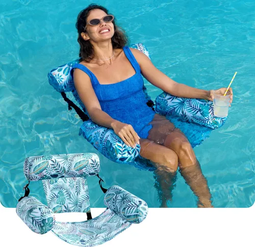 Miniatura 2 de Sloosh Sillas flotantes de piscina para adultos, sillas inflables de piscina, hamaca flotante con patrón de plantas para adultos, flotadores