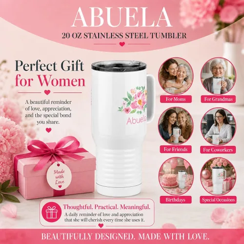 Miniatura 3 de Just So Posh Abuela Flowers Tumbler, Vaso de Café de Viaje con Asa y Tapa Deslizante, Blanco 20 oz Polar Camel, Acero Inoxidable, Aislado al Vacío