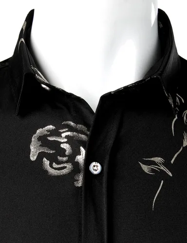 Miniatura 4 de ZEROYAA - Camisas de vestir de manga corta con estampado de rosa dorada para hombre, estilo hipster, calce ajustado, con botones