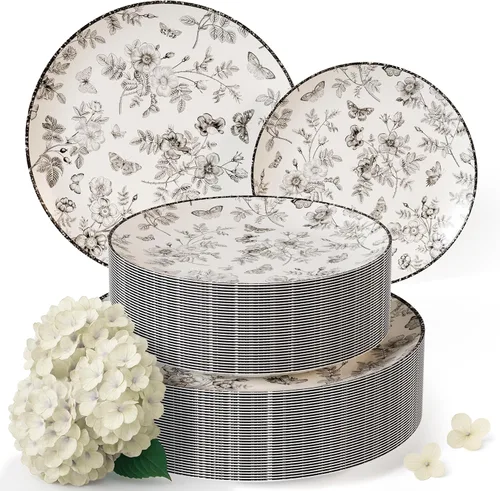 Miniatura 14 de Trendables Platos Desechables para Suministros de Fiesta Platos de Plástico Florales Negros para Boda 40 Piezas - 20 de 8" y 20 de 10"
