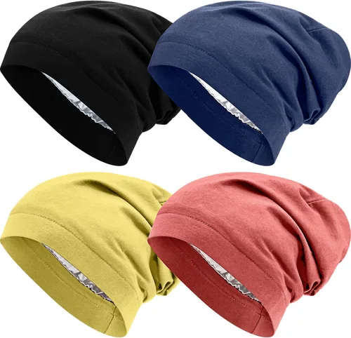 4 Pieces Satin Lined Beanie Cap Satin Sleep Lined Hat Slouchy Beanie Hat Night Silk Hair Cap for Women Men