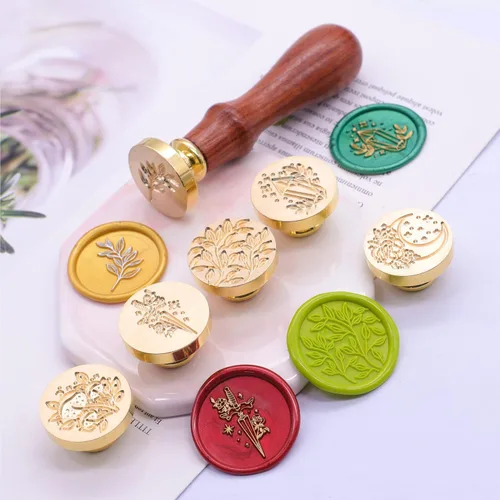 Miniatura 6 de SWANGSA Juego de sellos de cera, 6 piezas vintage con patrón de plantas de flores y 1 mango de madera para tarjetas de felicitación de boda, regalo